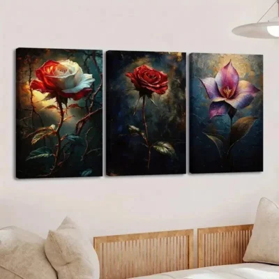 3pcs Charming Floral White & Red Rose Rose Lily Wall Art Set Canvas Framed 50x70cm - High Quality Print 100% Australian Made Wall Canvas Ready to Hang