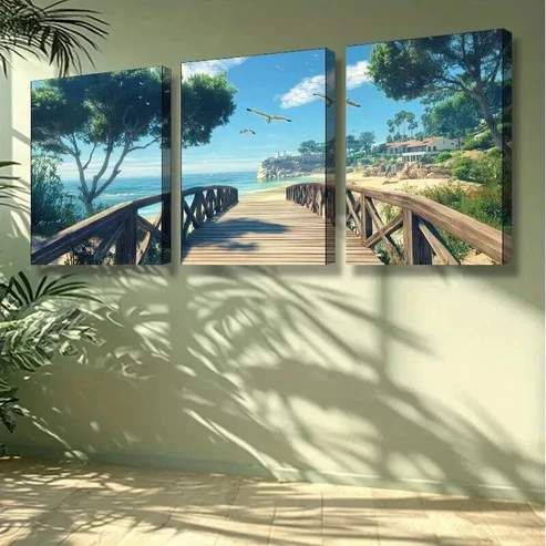 3pcs Beach Scene with Wooden Bridge Palm Trees Wall Art Set Canvas Framed 50x70cm – High Quality Print 100% Australian Made Wall Canvas Ready to Hang
