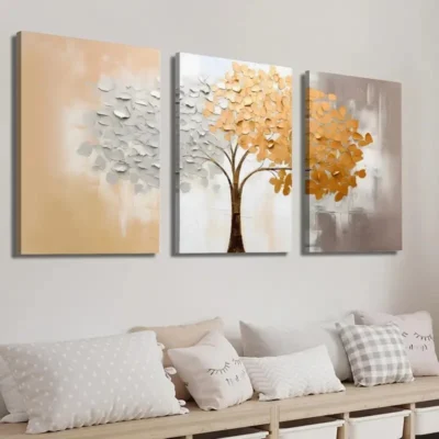 3pcs Orange and Gray Plants and Trees Wall Art Set Canvas Framed 40x60cm - High Quality Print 100% Australian Made Wall Canvas Ready to Hang