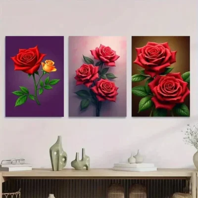 3pcs Beautiful Red Rose Elegant Floral Wall Art Set Canvas Framed 50x70cm - High Quality Print 100% Australian Made Wall Canvas Ready to Hang
