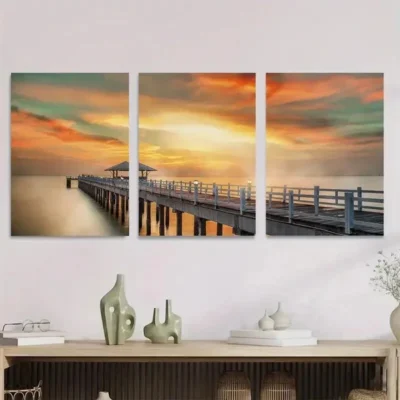3pcs Sunset Dock Triptych Orange Yellow Green Wall Art Set Canvas Framed 50x70cm - High Quality Print 100% Australian Made Wall Canvas Ready to Hang