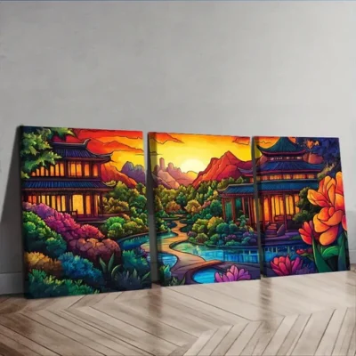 3pcs Colorful ancient Chinese buildings Wall Art Set Canvas Framed 40x60cm - High Quality Print 100% Australian Made Wall Canvas Ready to Hang