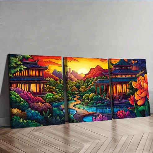 3pcs Colorful ancient Chinese buildings Wall Art Set Canvas Framed 40x60cm – High Quality Print 100% Australian Made Wall Canvas Ready to Hang