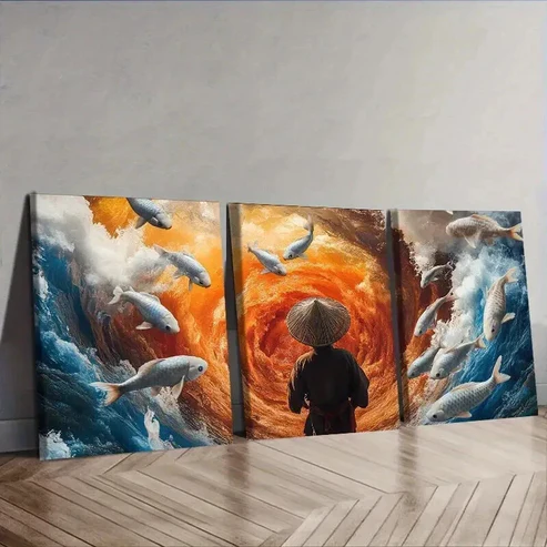 3pcs Fisherman, Koi Water Wall Art Set Canvas Framed 50x70cm – High Quality Print 100% Australian Made Wall Canvas Ready to Hang