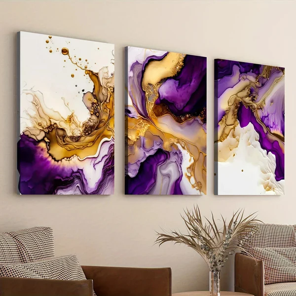 3pcs Purple Modern Abstract Modern Art Golden Wall Art Set Canvas Framed 50x70cm – High Quality Print 100% Australian Made Wall Canvas Ready to Hang