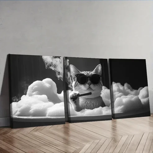 3pcs Gangster Brother Kitten Wall Art Set Canvas Framed 50x70cm – High Quality Print 100% Australian Made Wall Canvas Ready to Hang