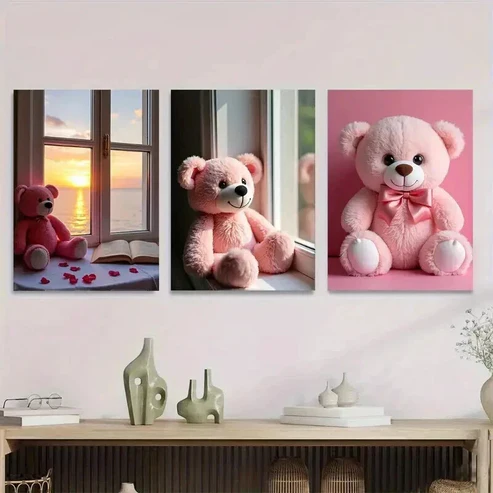 3pcs Charming Pink Teddy Bear Romantic Sunset Wall Art Set Canvas Framed 50x70cm – High Quality Print 100% Australian Made Wall Canvas Ready to Hang