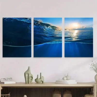 3pcs Vibrant Blue Waves & Sunlight Ocean Wall Art Set Canvas Framed 50x70cm - High Quality Print 100% Australian Made Wall Canvas Ready to Hang