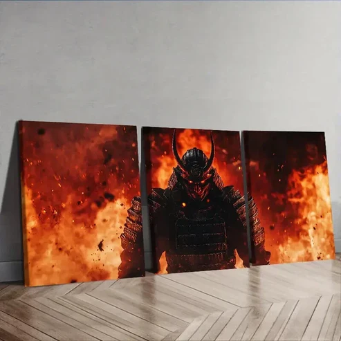 3pcs Crimson Warrior with Black Horns Wall Art Set Canvas Framed 50x70cm – High Quality Print 100% Australian Made Wall Canvas Ready to Hang