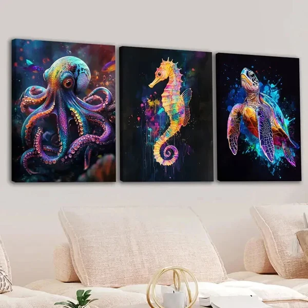 3pcs Abstract Neon Animals Octopus Seahorse Blue Wall Art Set Canvas Framed 50x70cm – High Quality Print 100% Australian Made Wall Canvas Ready to Hang