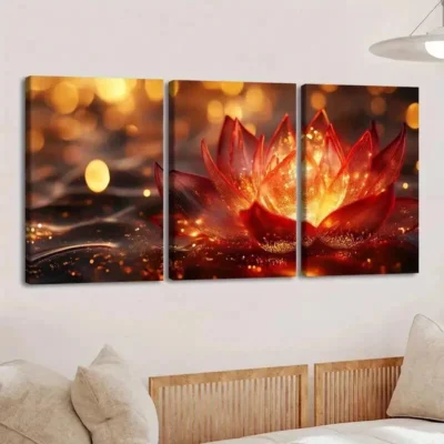 3pcs Vibrant Lotus Flower Paint Golden Hues Gold Wall Art Set Canvas Framed 50x70cm - High Quality Print 100% Australian Made Wall Canvas Ready to Hang