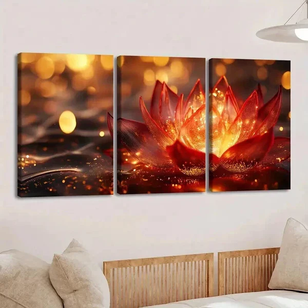 3pcs Vibrant Lotus Flower Paint Golden Hues Gold Wall Art Set Canvas Framed 50x70cm – High Quality Print 100% Australian Made Wall Canvas Ready to Hang