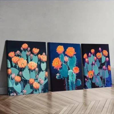 3pcs Night cactus Painting Wall Art Set Canvas Framed 50x70cm - High Quality Print 100% Australian Made Wall Canvas Ready to Hang