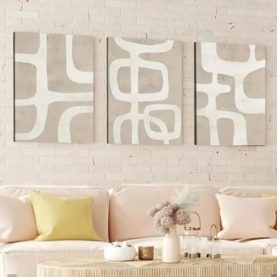 3pcs Abstract Geometric Beige Brown White Line Wall Art Set Canvas Framed 40x60cm - High Quality Print 100% Australian Made Wall Canvas Ready to Hang