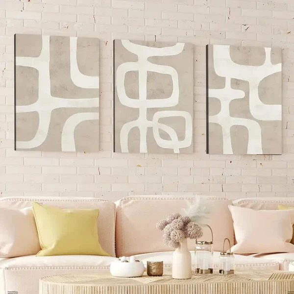 3pcs Abstract Geometric Beige Brown White Line Wall Art Set Canvas Framed 40x60cm – High Quality Print 100% Australian Made Wall Canvas Ready to Hang