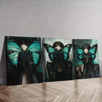 3pcs The woman with the green butterfly Wall Art Set Canvas Framed 40x60cm - High Quality Print 100% Australian Made Wall Canvas Ready to Hang