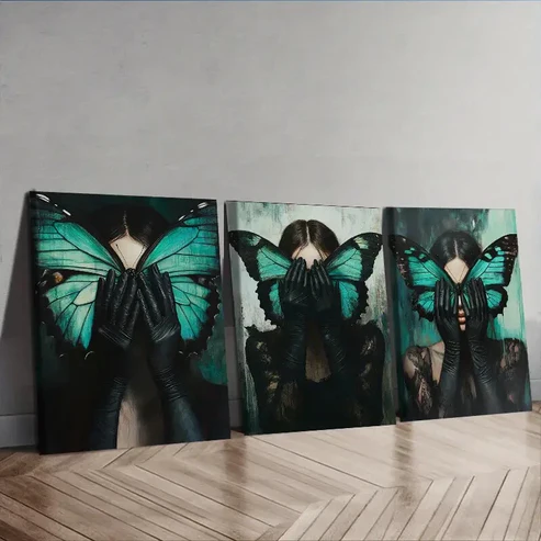 3pcs The woman with the green butterfly Wall Art Set Canvas Framed 40x60cm – High Quality Print 100% Australian Made Wall Canvas Ready to Hang