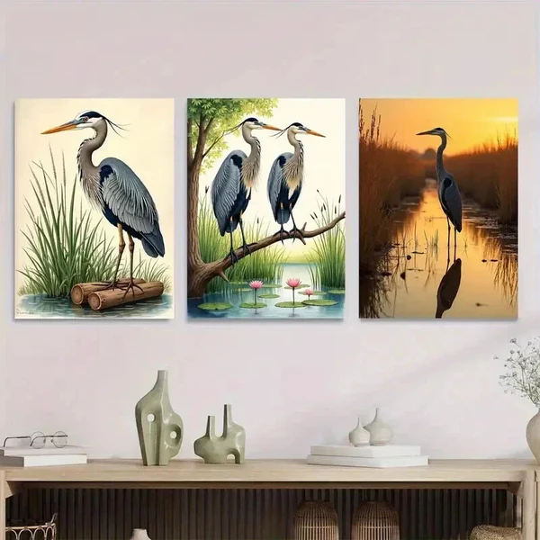 3pcs Herons in Nature Triptych Vertical Bird Wall Art Set Canvas Framed 50x70cm – High Quality Print 100% Australian Made Wall Canvas Ready to Hang