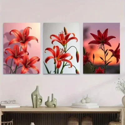 3pcs Red Lily Flower Vibrant Floral Orange Wall Art Set Canvas Framed 50x70cm - High Quality Print 100% Australian Made Wall Canvas Ready to Hang