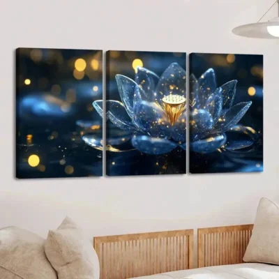3pcs Vibrant Lotus Flower Stunning Blue & Gold Wall Art Set Canvas Framed 50x70cm - High Quality Print 100% Australian Made Wall Canvas Ready to Hang
