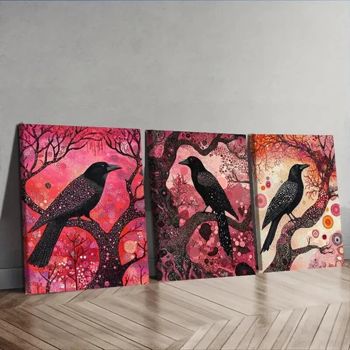 3pcs The psychic crow Wall Art Set Canvas Framed 50x70cm – High Quality Print 100% Australian Made Wall Canvas Ready to Hang