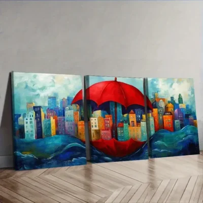 3pcs City view under a red umbrella Wall Art Set Canvas Framed 40x60cm - High Quality Print 100% Australian Made Wall Canvas Ready to Hang