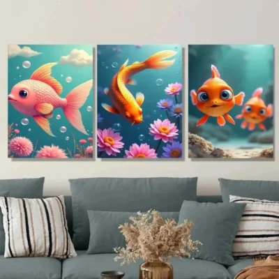 3pcs Underwater Scene with Pink Fish Orange Koi Wall Art Set Canvas Framed 50x70cm - High Quality Print 100% Australian Made Wall Canvas Ready to Hang
