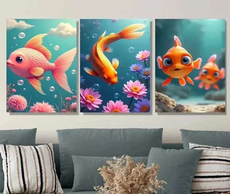 3pcs Underwater Scene with Pink Fish Orange Koi Wall Art Set Canvas Framed 50x70cm – High Quality Print 100% Australian Made Wall Canvas Ready to Hang
