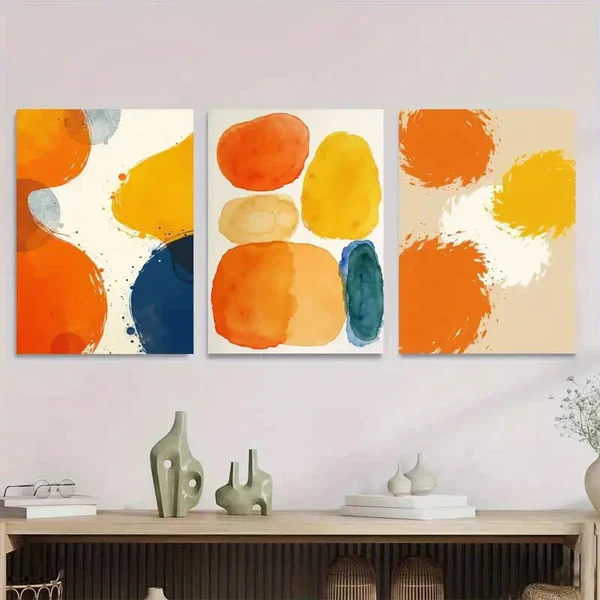 3pcs Vibrant Abstract Watercolor Orange, Blue Wall Art Set Canvas Framed 50x70cm – High Quality Print 100% Australian Made Wall Canvas Ready to Hang
