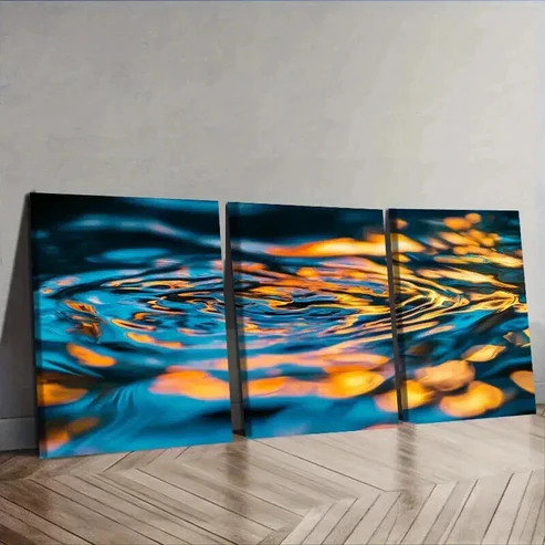 3pcs Blue & Orange Water Reflections Wall Art Set Canvas Framed 50x70cm – High Quality Print 100% Australian Made Wall Canvas Ready to Hang