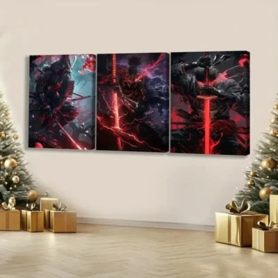 3pcs Anime Comic Vivid Color Samurai Thunder Red Wall Art Set Canvas Framed 50x70cm - High Quality Print 100% Australian Made Wall Canvas Ready to Hang