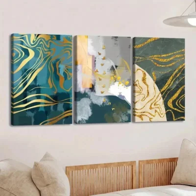 3pcs Modern Nordic Style Abstract Geometry Gold Wall Art Set Canvas Framed 50x70cm - High Quality Print 100% Australian Made Wall Canvas Ready to Hang