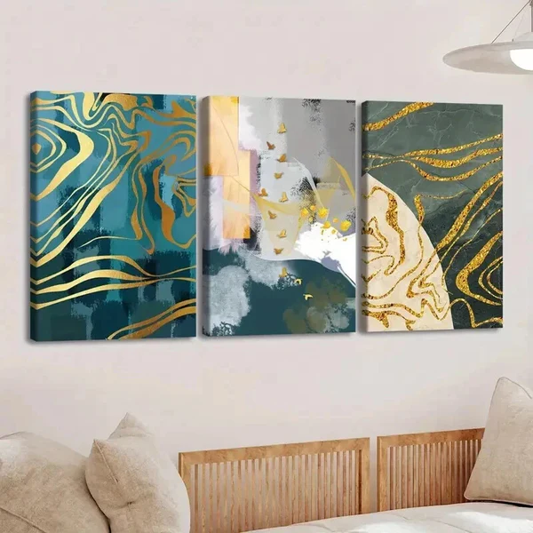 3pcs Modern Nordic Style Abstract Geometry Gold Wall Art Set Canvas Framed 50x70cm – High Quality Print 100% Australian Made Wall Canvas Ready to Hang