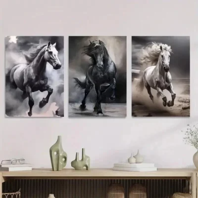 3pcs Galloping Horses Black and White Horse Wall Art Set Canvas Framed 50x70cm - High Quality Print 100% Australian Made Wall Canvas Ready to Hang