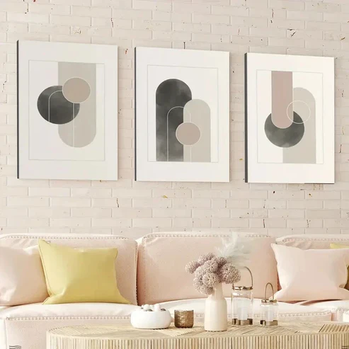 3pcs Mid Century Modern Abstract Shapes Rounds Wall Art Set Canvas Framed 40x60cm – High Quality Print 100% Australian Made Wall Canvas Ready to Hang