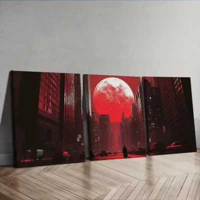 3pcs The Moon Over the City Wall Art Set Canvas Framed 50x70cm - High Quality Print 100% Australian Made Wall Canvas Ready to Hang