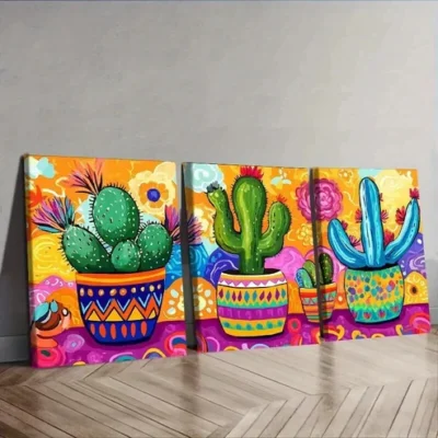 3pcs Cactus in colorful flower POTS Wall Art Set Canvas Framed 50x70cm - High Quality Print 100% Australian Made Wall Canvas Ready to Hang