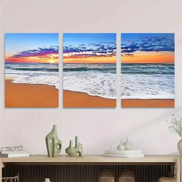 3pcs Beach Sunset Vibrant Seascape Sandy Shore Wall Art Set Canvas Framed 40x60cm – High Quality Print 100% Australian Made Wall Canvas Ready to Hang