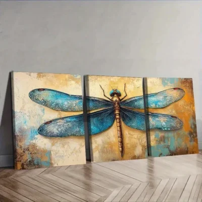 3pcs Blue Dragonfly Wall Art Set Canvas Framed 50x70cm - High Quality Print 100% Australian Made Wall Canvas Ready to Hang