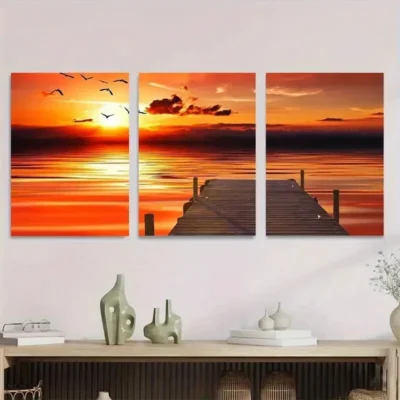 3pcs Orange Pink Blue Sunset With Birds Wall Art Set Canvas Framed 50x70cm - High Quality Print 100% Australian Made Wall Canvas Ready to Hang