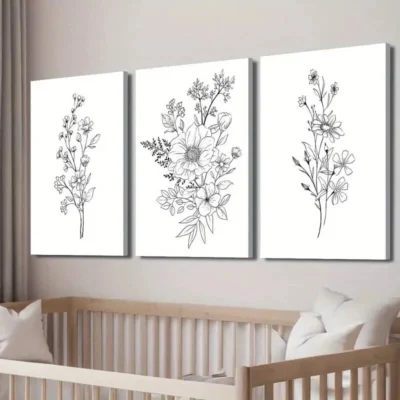 3pcs Black and White Botanical Floral Theme Wall Art Set Canvas Framed 40x60cm - High Quality Print 100% Australian Made Wall Canvas Ready to Hang