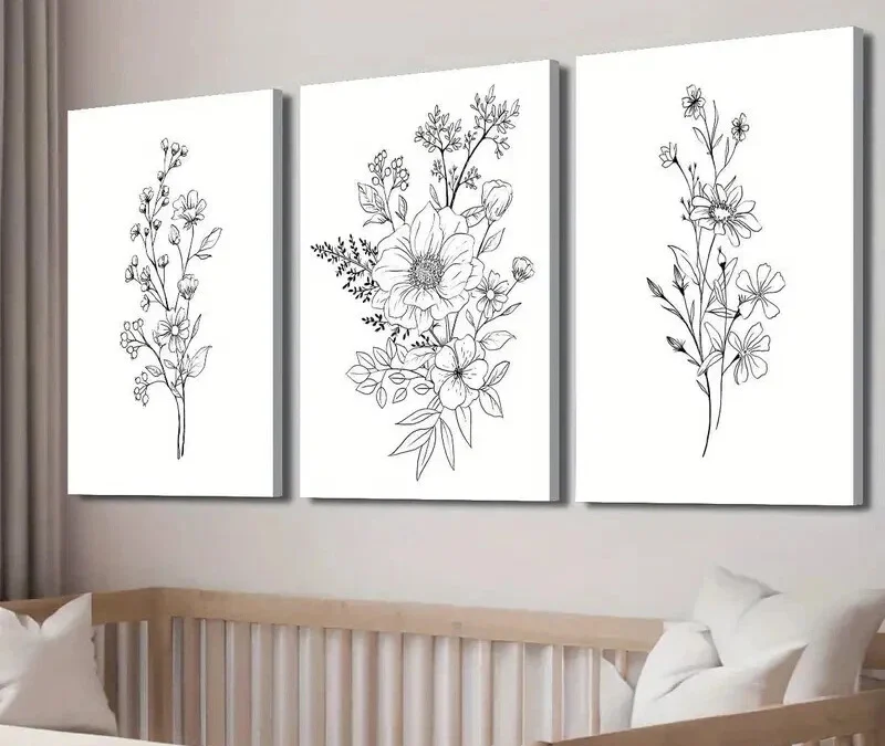 3pcs Black and White Botanical Floral Theme Wall Art Set Canvas Framed 40x60cm – High Quality Print 100% Australian Made Wall Canvas Ready to Hang