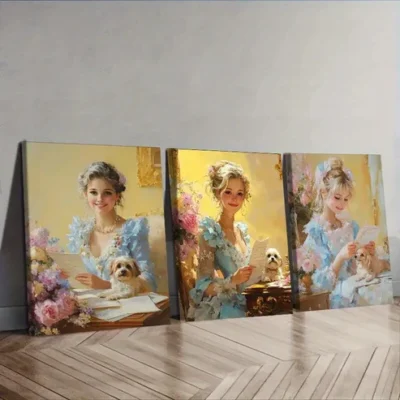 3pcs Afternoon Time Girl with Dog Wall Art Set Canvas Framed 40x60cm - High Quality Print 100% Australian Made Wall Canvas Ready to Hang