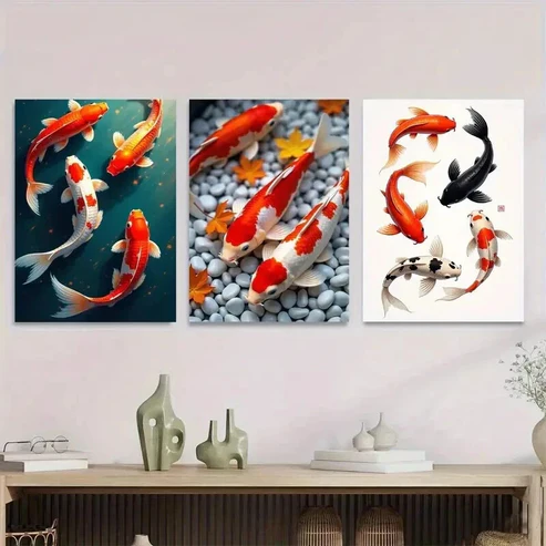 3pcs Colorful Koi Fish Modern Picture Wall Art Set Canvas Framed 50x70cm – High Quality Print 100% Australian Made Wall Canvas Ready to Hang