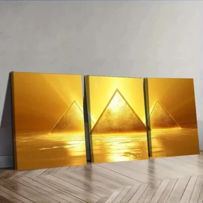 3pcs A glowing yellow triangle Wall Art Set Canvas Framed 50x70cm - High Quality Print 100% Australian Made Wall Canvas Ready to Hang