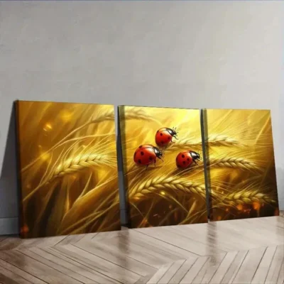 3pcs The ladybug is standing on the wheat Wall Art Set Canvas Framed 50x70cm - High Quality Print 100% Australian Made Wall Canvas Ready to Hang
