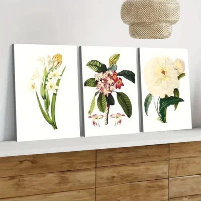 3pcs White Red Florals Green Leaves Rose Yellow Wall Art Set Canvas Framed 40x60cm - High Quality Print 100% Australian Made Wall Canvas Ready to Hang