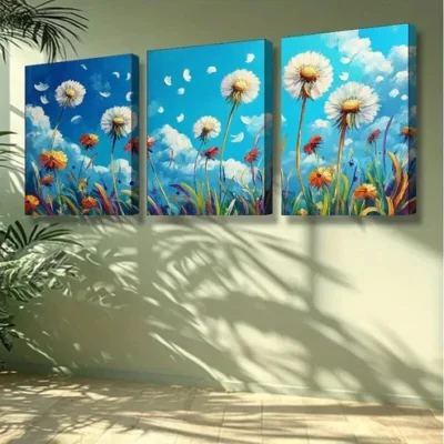 3pcs White dandelion Wall Art Set Canvas Framed 50x70cm - High Quality Print 100% Australian Made Wall Canvas Ready to Hang