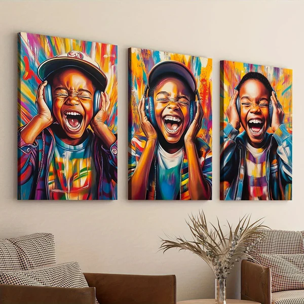 3pcs Elegant African American Boy Colorful Wall Art Set Canvas Framed 50x70cm – High Quality Print 100% Australian Made Wall Canvas Ready to Hang