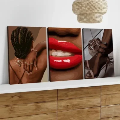 3pcs Black Female Art Boho Fashion Figures Red Wall Art Set Canvas Framed 40x60cm - High Quality Print 100% Australian Made Wall Canvas Ready to Hang